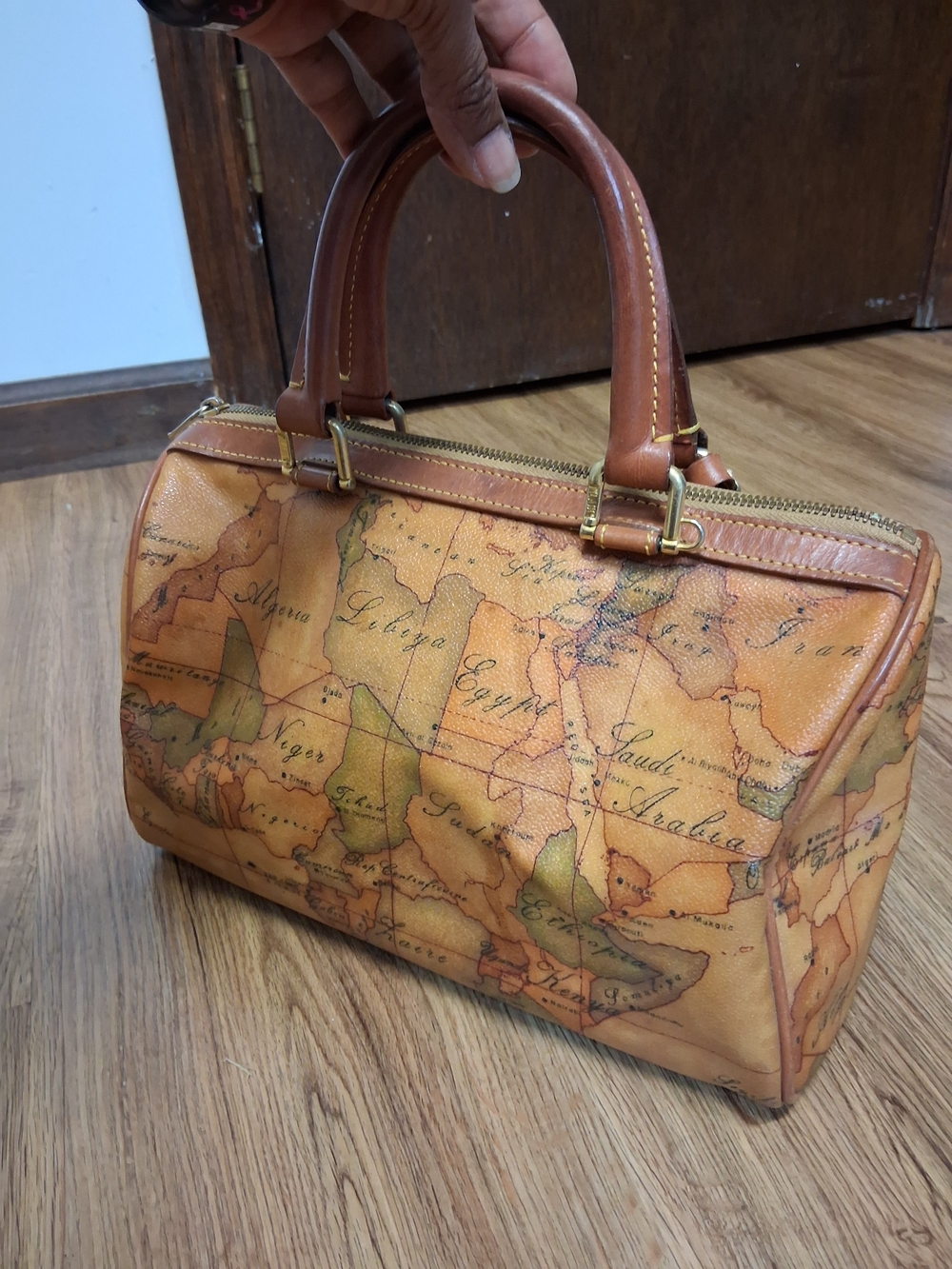 Alviero Martini Map-Print Satchel in Tan and Brown